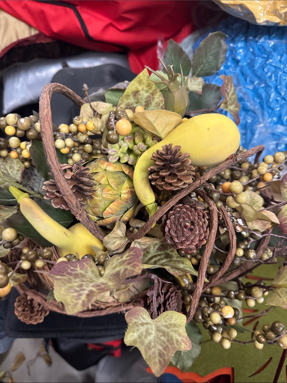 Autumn Harvest Cornucopia Wreath - Green and Brown Foliage - Picture 3 of 6